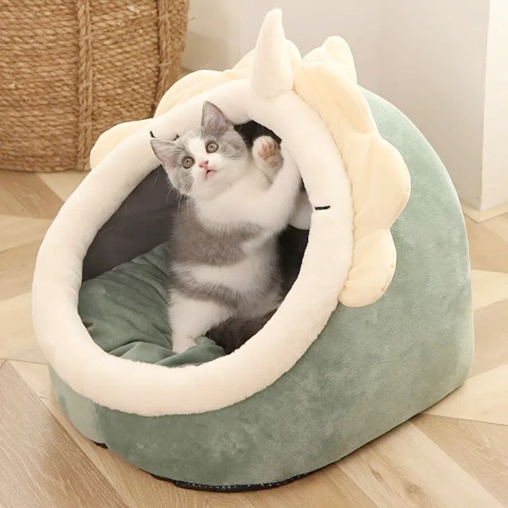 Grey and white kitten resting inside Paws & Pockets dinosaur shaped pet cave bed, coral fleece exterior with anti-skid base