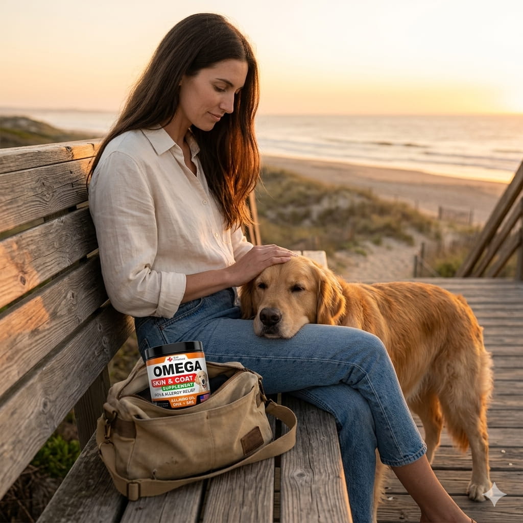 Woman sitting on a beach boardwalk at sunset with a Golden Retriever resting on her lap beside an open bag of dog health and wellness supplements