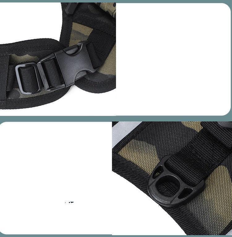 Close-up of a black belt with a buckle on a camouflage-patterned background