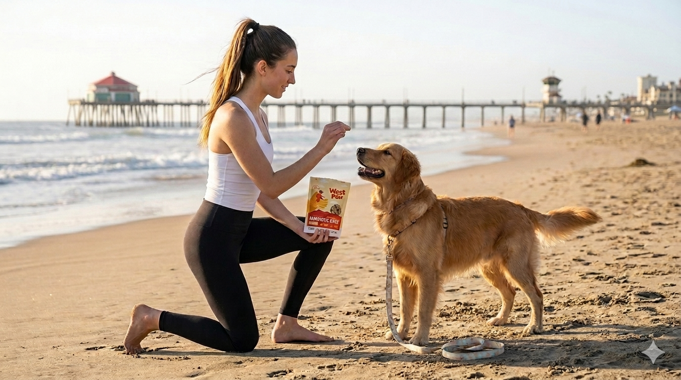 A woman kneels on a sandy beach next to a golden retriever dog, holding a bag of dog treats. The beach, ocean, and a pier are visible in the background.