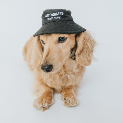 Sassy Woof dog bucket hat with "My Mom is my BFF" embroidered, lightweight fabric, perfect for stylish pet accessories.