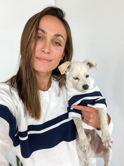 Newport dog pullover lifestyle – Good Thomas preppy striped dog sweatshirt beach day