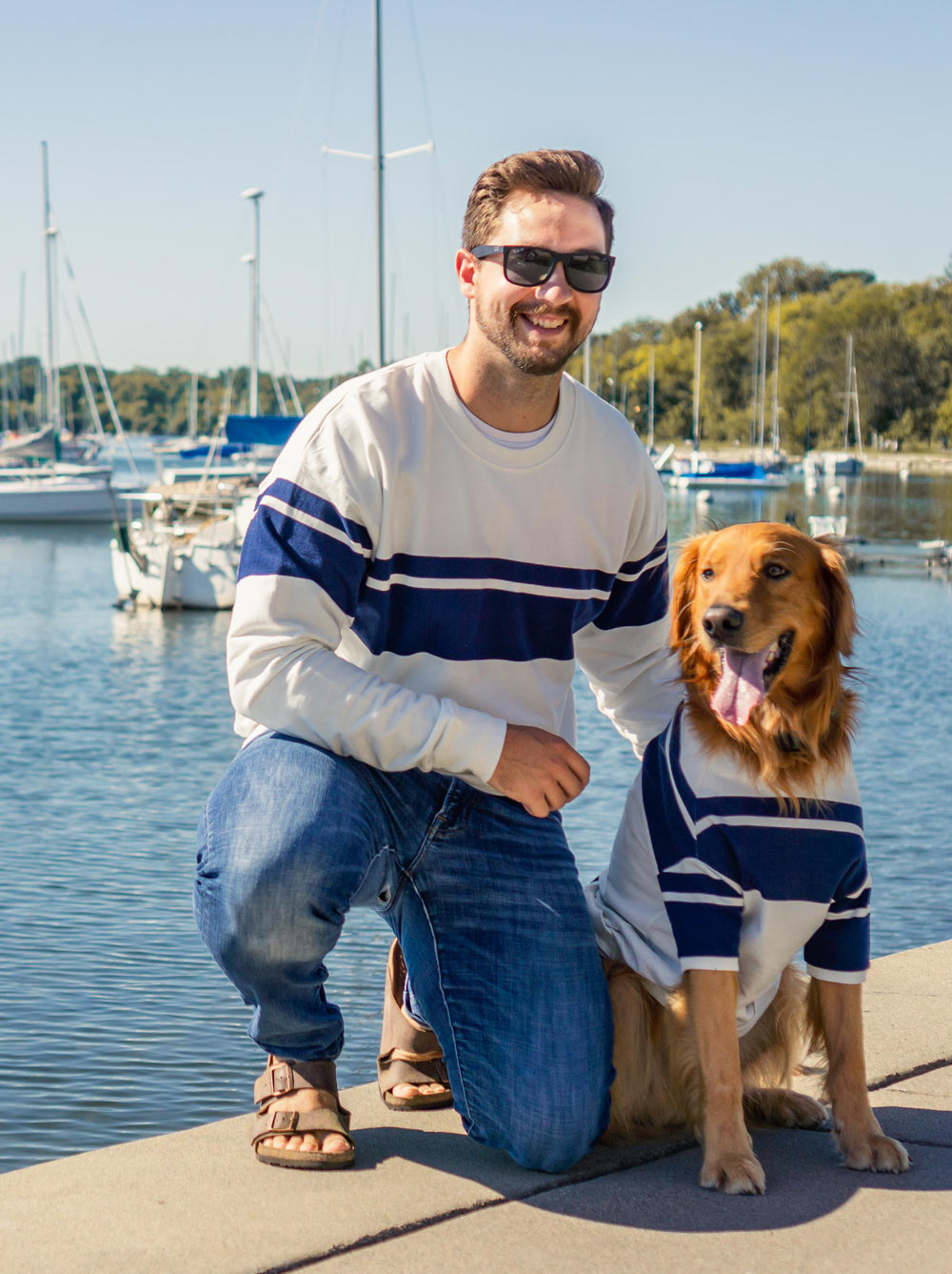 Newport Pullover dog wearing classic stripe – Good Thomas preppy French Terry dog sweatshirt