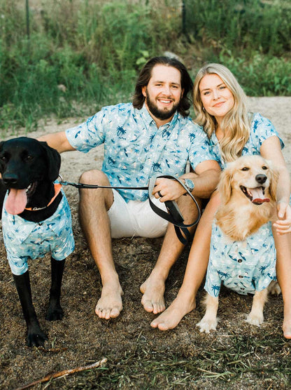 Good Thomas Surfs Up matching dog and owner BBQ shirt – tropical print lifestyle shot