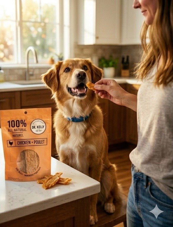 Woman feeding a dog treat from Dr. Kelly Natural Pet Health, with a dog sitting on a kitchen counter.