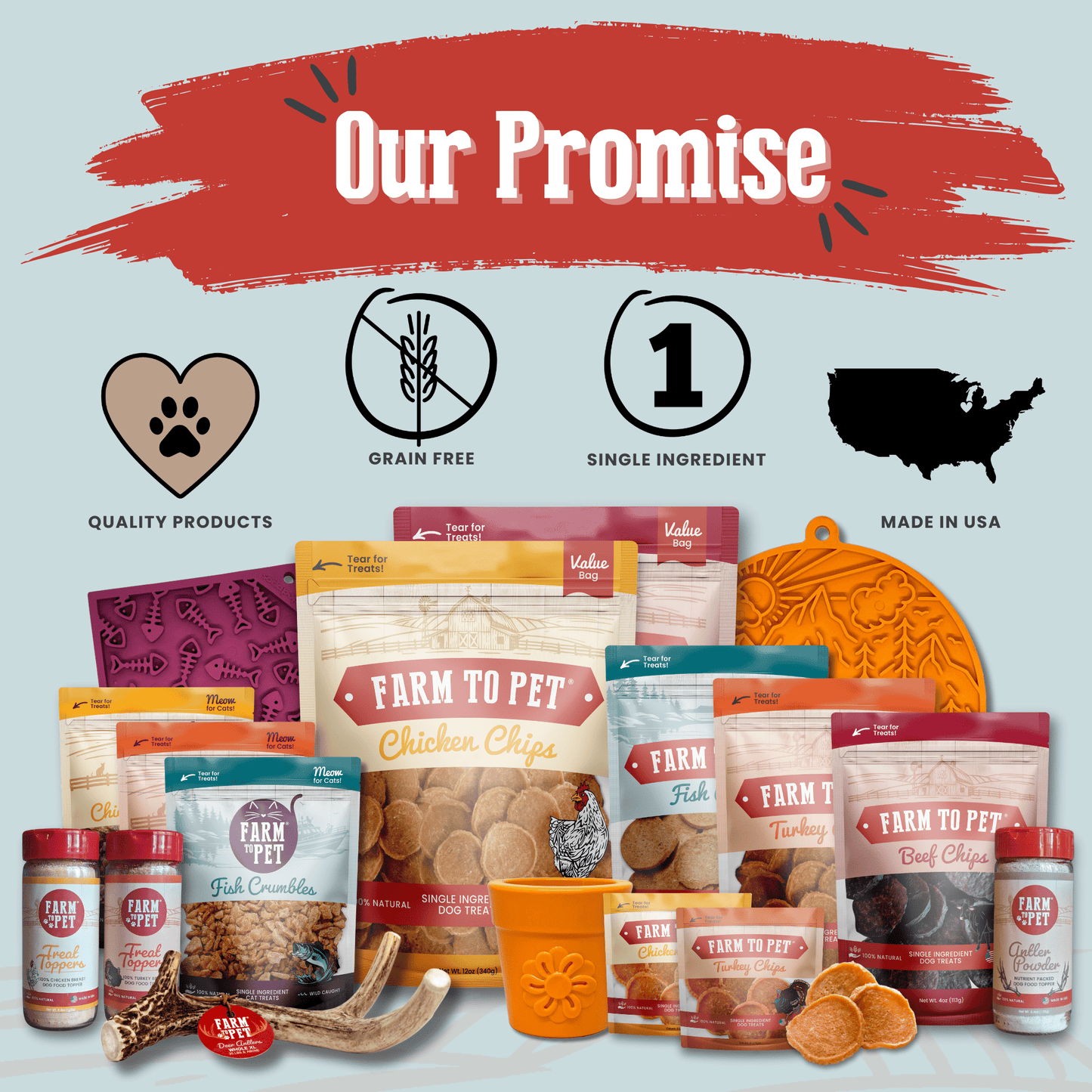 Farm To Pet our promise fish chips wild-caught USA-made single-ingredient dog treats