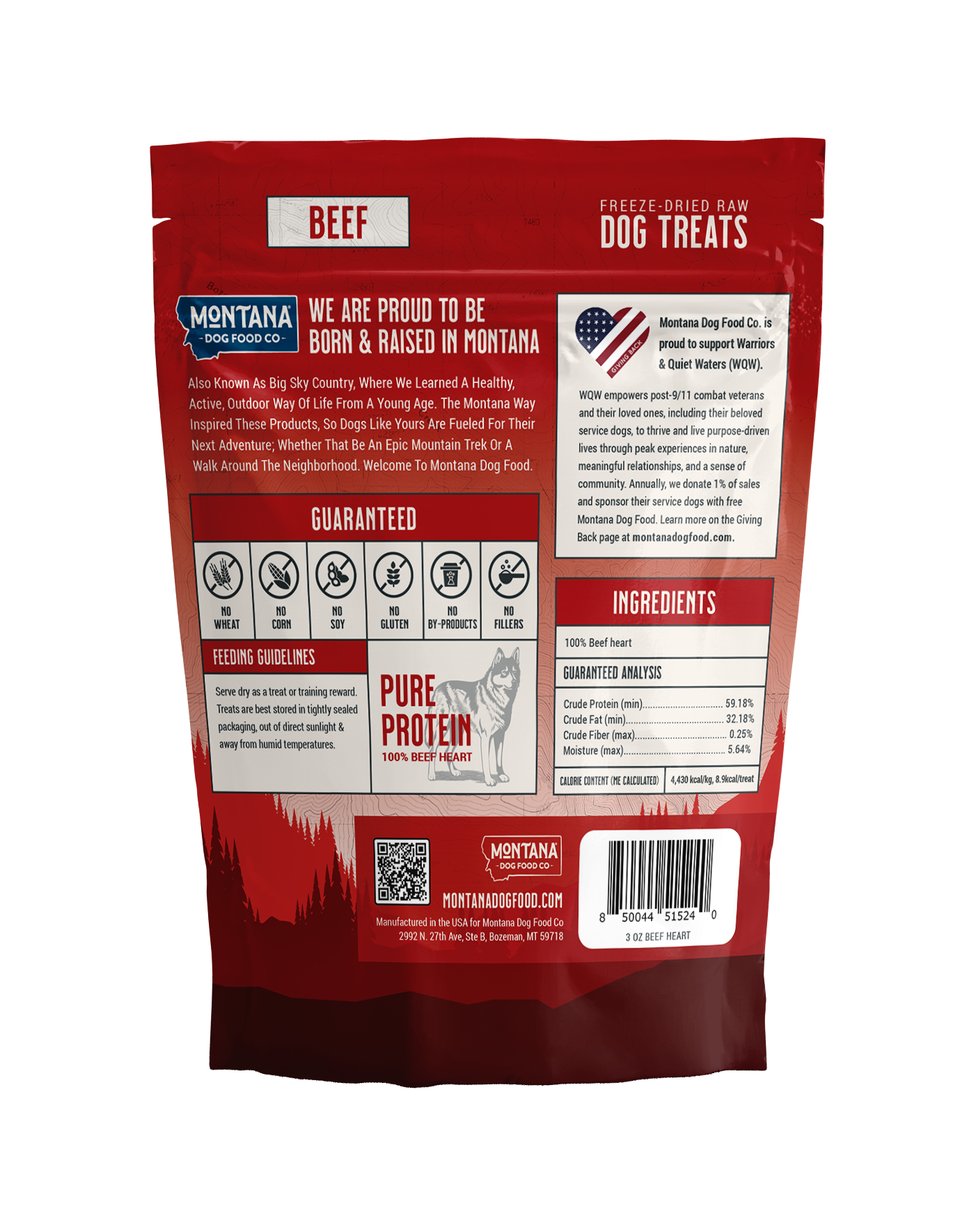 Back label of freeze-dried beef heart dog treats showing taurine-rich single-ingredient formula