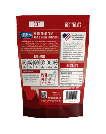 Back label of freeze-dried beef heart dog treats showing taurine-rich single-ingredient formula