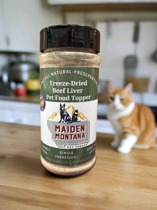 Maiden Montana freeze-dried beef liver dog food topper 7.5oz resealable bottle