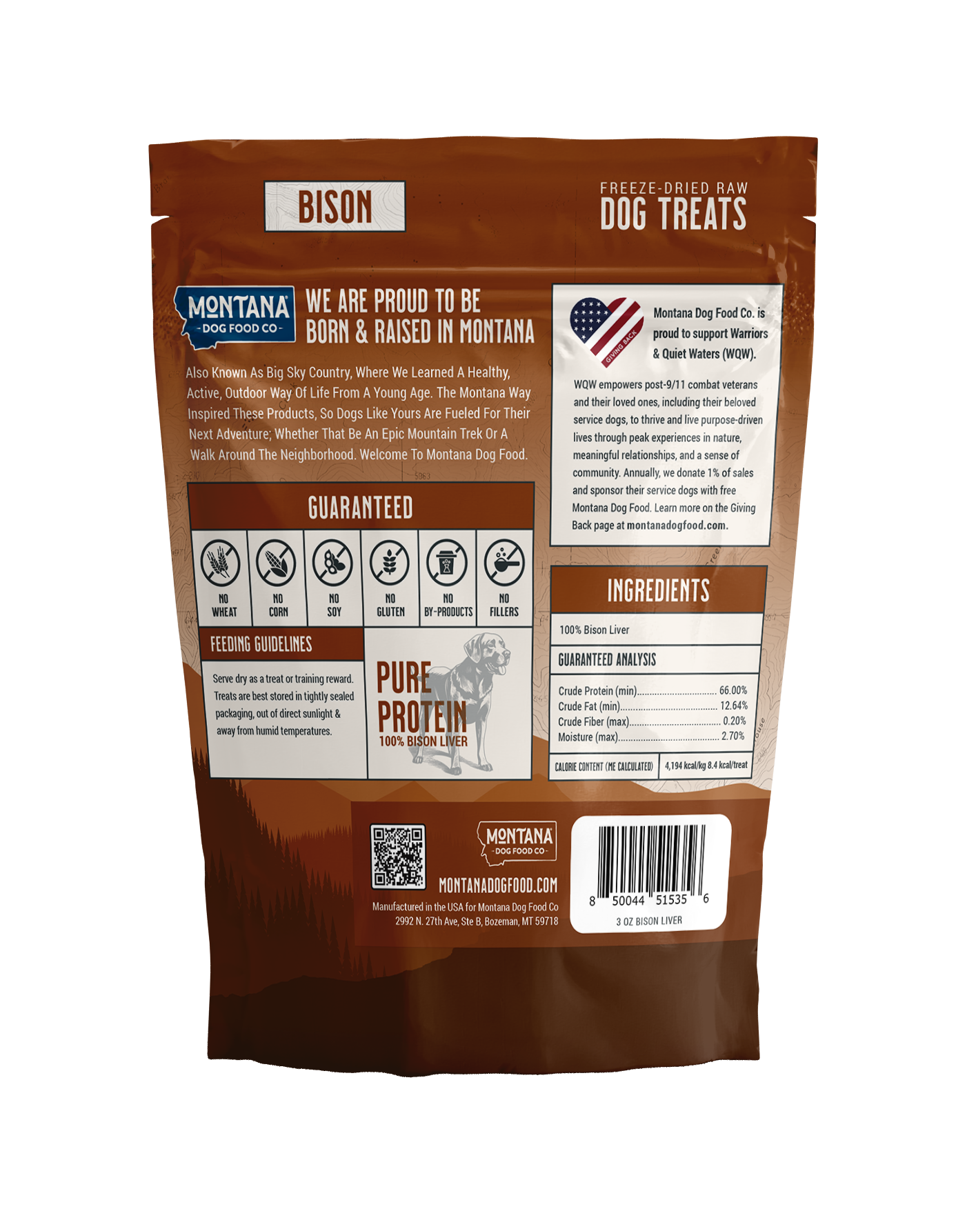 Back label of freeze-dried bison liver dog treats showing single-ingredient exotic protein