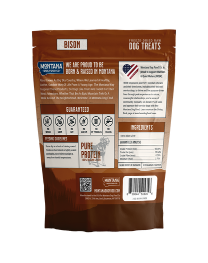 Back label of freeze-dried bison liver dog treats showing single-ingredient exotic protein