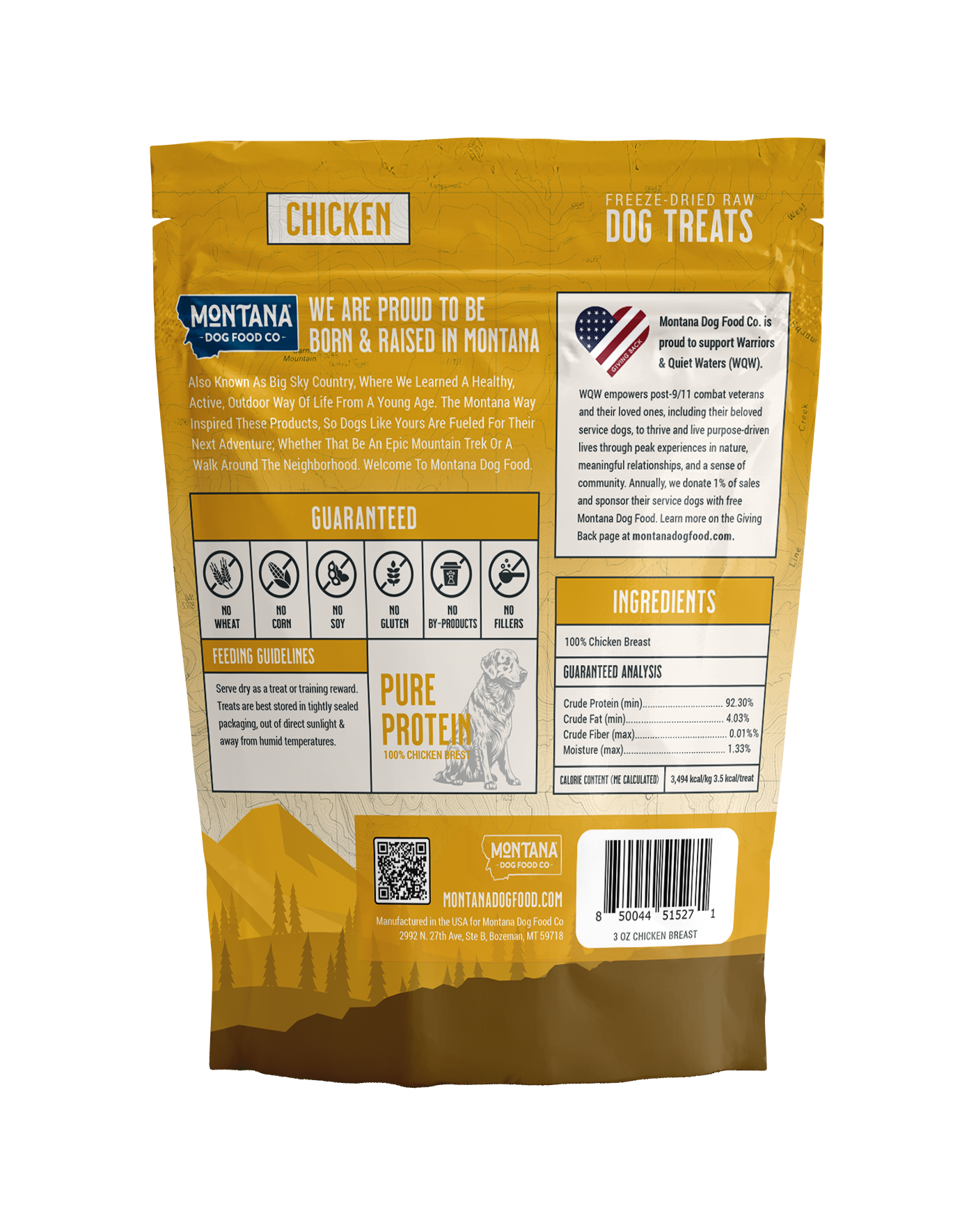 Back label of freeze-dried chicken breast dog treats showing lean raw single-ingredient content
