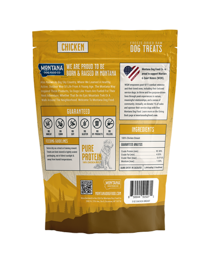 Back label of freeze-dried chicken breast dog treats showing lean raw single-ingredient content