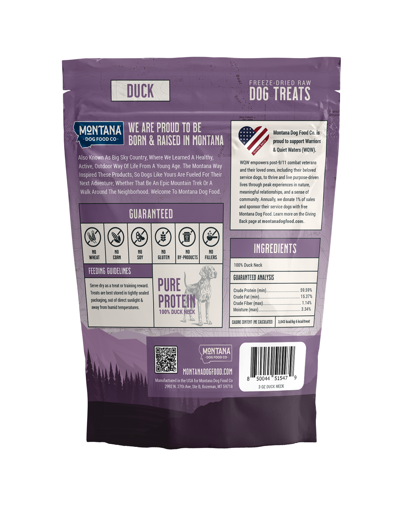 Back label of freeze-dried duck dog treats showing single-ingredient raw formula