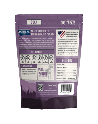 Back label of freeze-dried duck dog treats showing single-ingredient raw formula