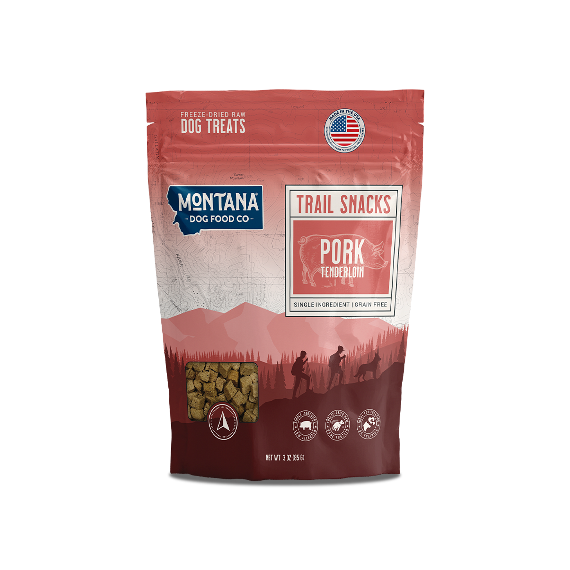 Montana Dog Food Co freeze-dried pork tenderloin dog treats 3oz trail snack bag