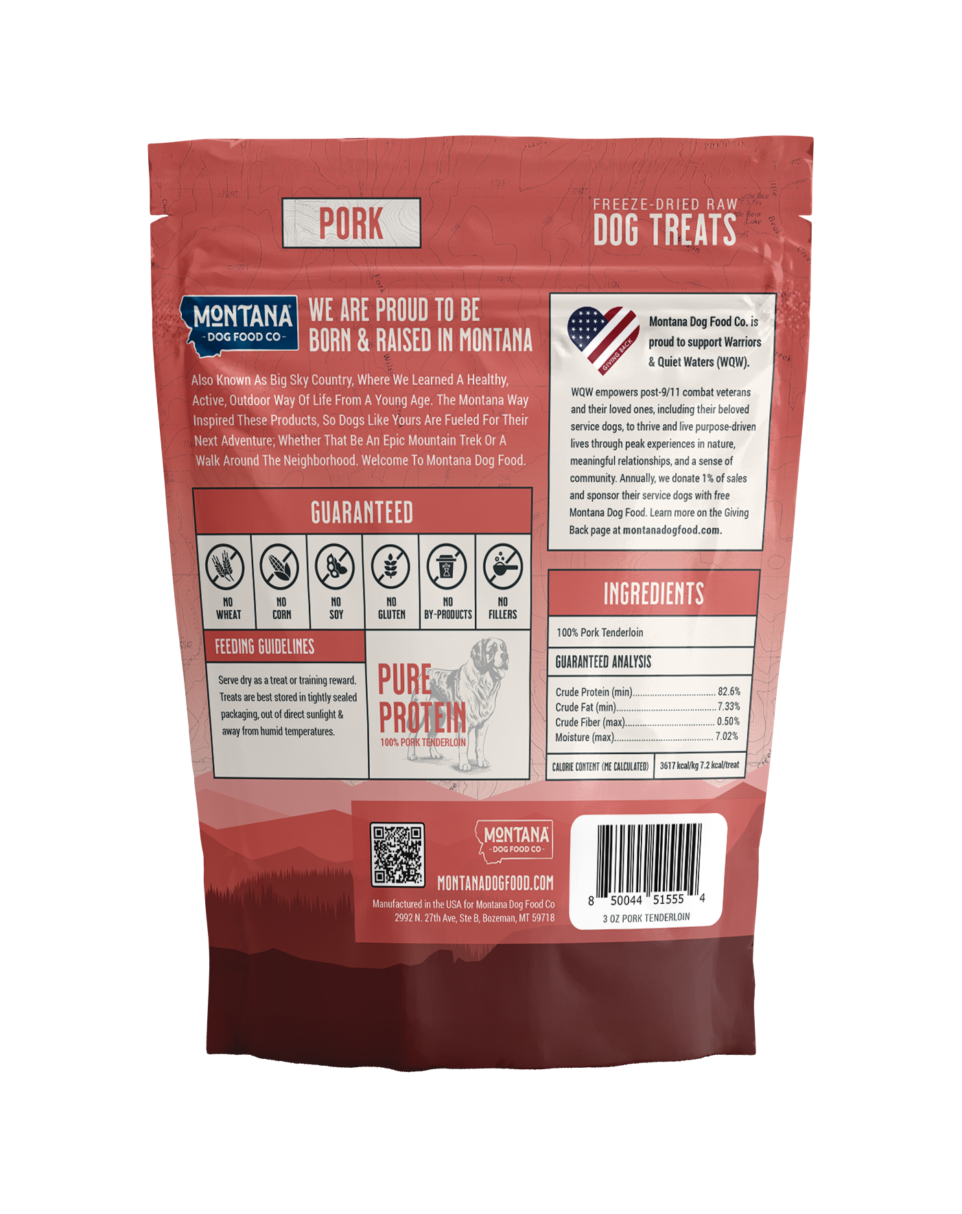 Back label of freeze-dried pork tenderloin dog treats showing single-ingredient content