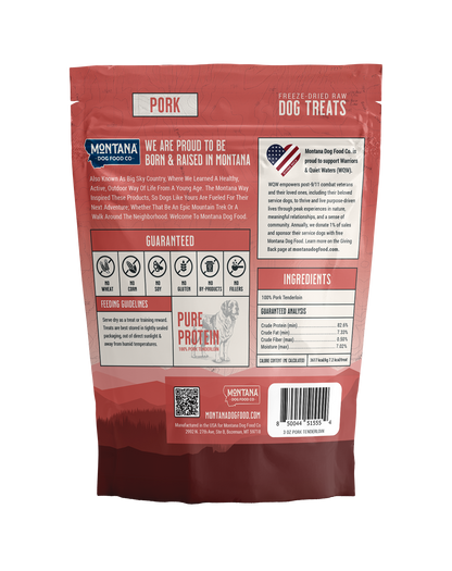 Back label of freeze-dried pork tenderloin dog treats showing single-ingredient content