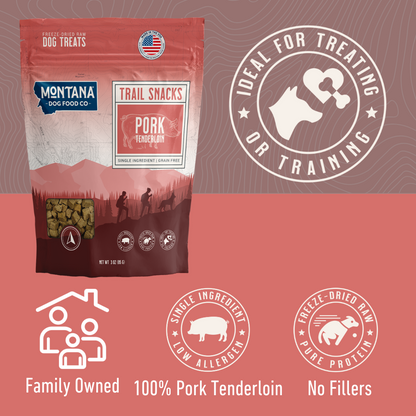 Pork tenderloin freeze-dried dog treat highlights showing lean single-ingredient protein