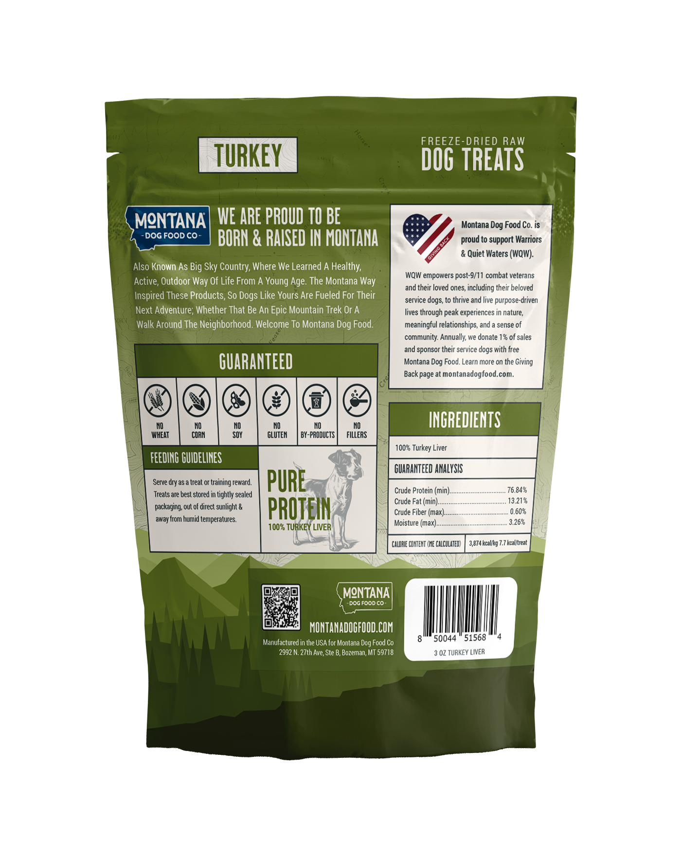 Back label of freeze-dried turkey liver dog treats showing raw single-ingredient content