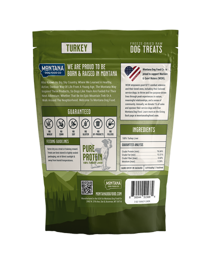 Back label of freeze-dried turkey liver dog treats showing raw single-ingredient content