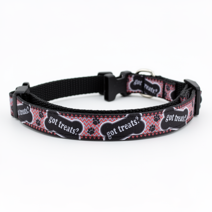 Dog collar with 'got treats?' pattern on a white background