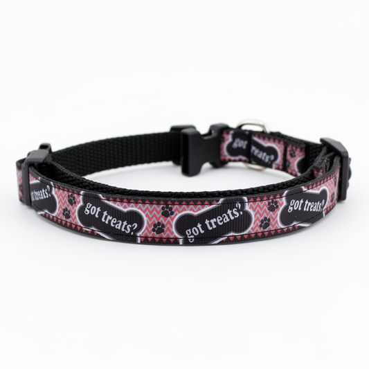 Dog collar with 'got treats?' pattern on a white background