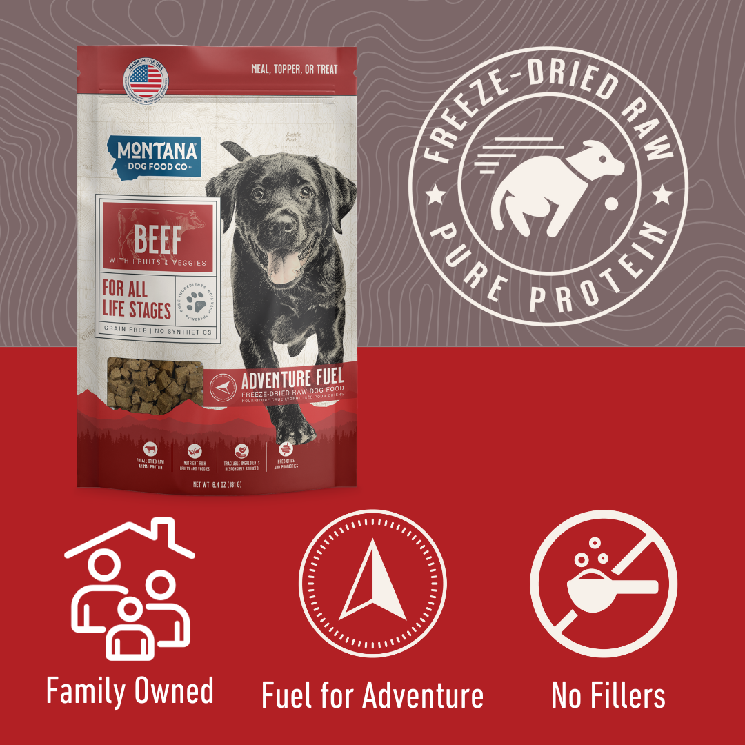 Montana-raised beef recipe highlights for grain-free freeze-dried raw Adventure Fuel dog food