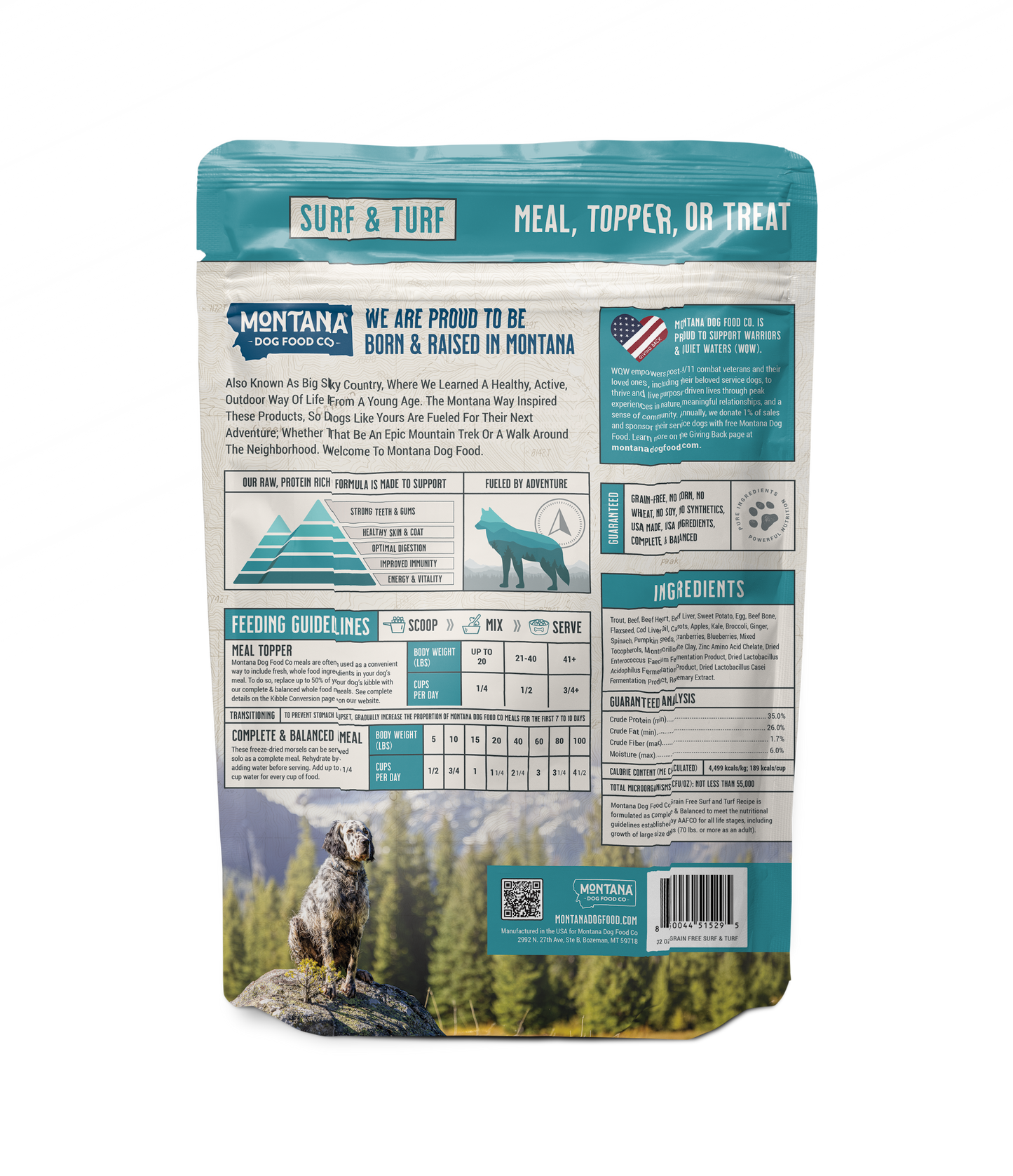 Back of Surf and Turf raw dog food showing Montana beef and wild-caught trout feeding guidelines