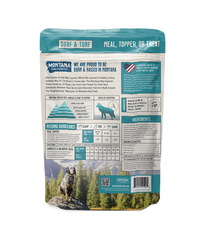 Back of Surf and Turf raw dog food showing Montana beef and wild-caught trout feeding guidelines