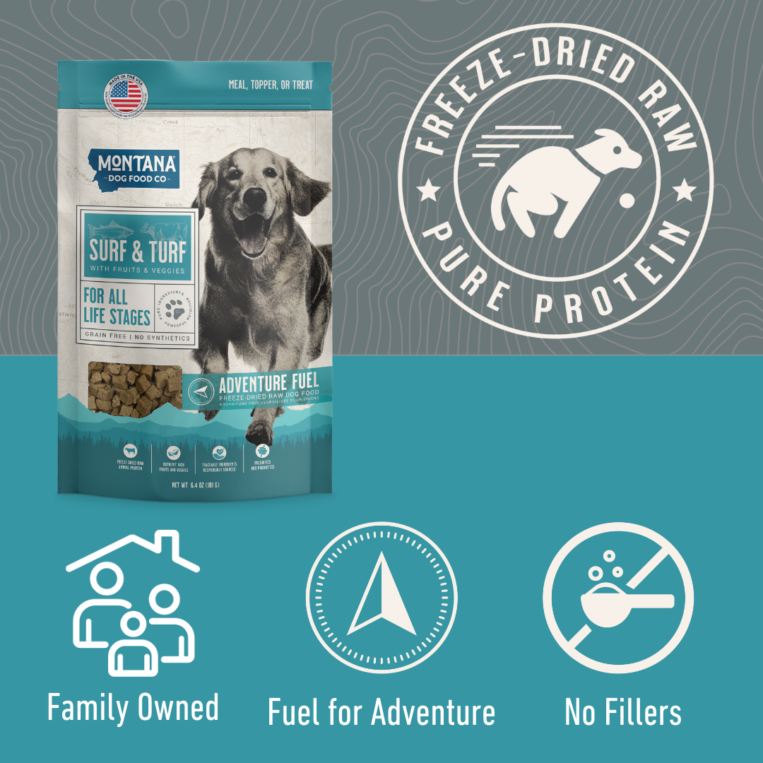 Surf and Turf recipe highlights featuring Montana beef and wild-caught trout dual-protein formula