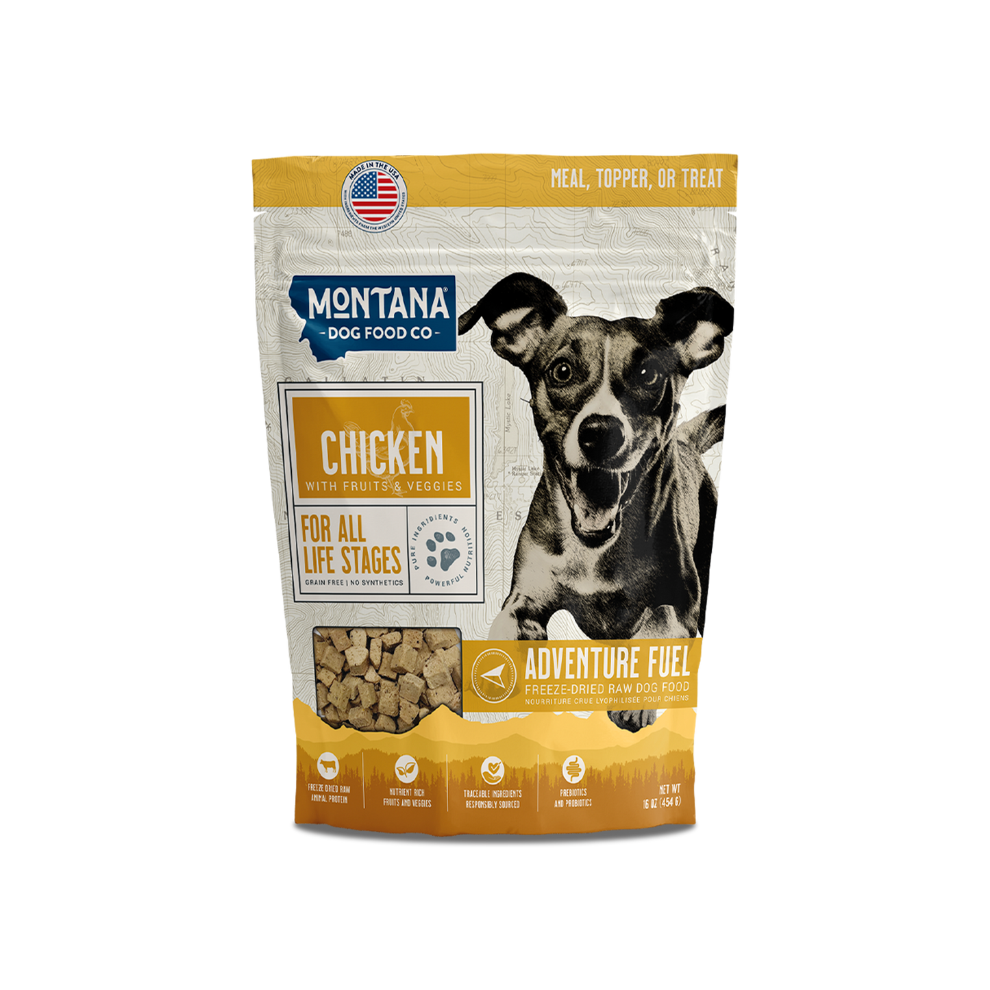 Montana Dog Food Co grain-free free-range chicken freeze-dried raw Adventure Fuel dog food bag