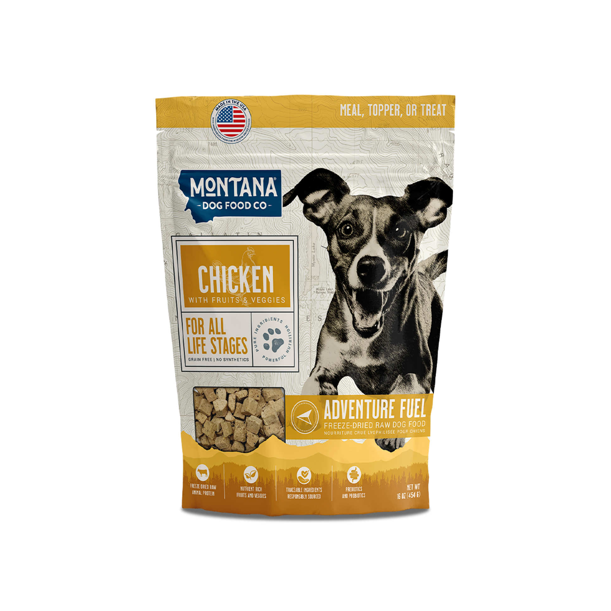 Montana Dog Food Co grain-free free-range chicken freeze-dried raw Adventure Fuel dog food bag