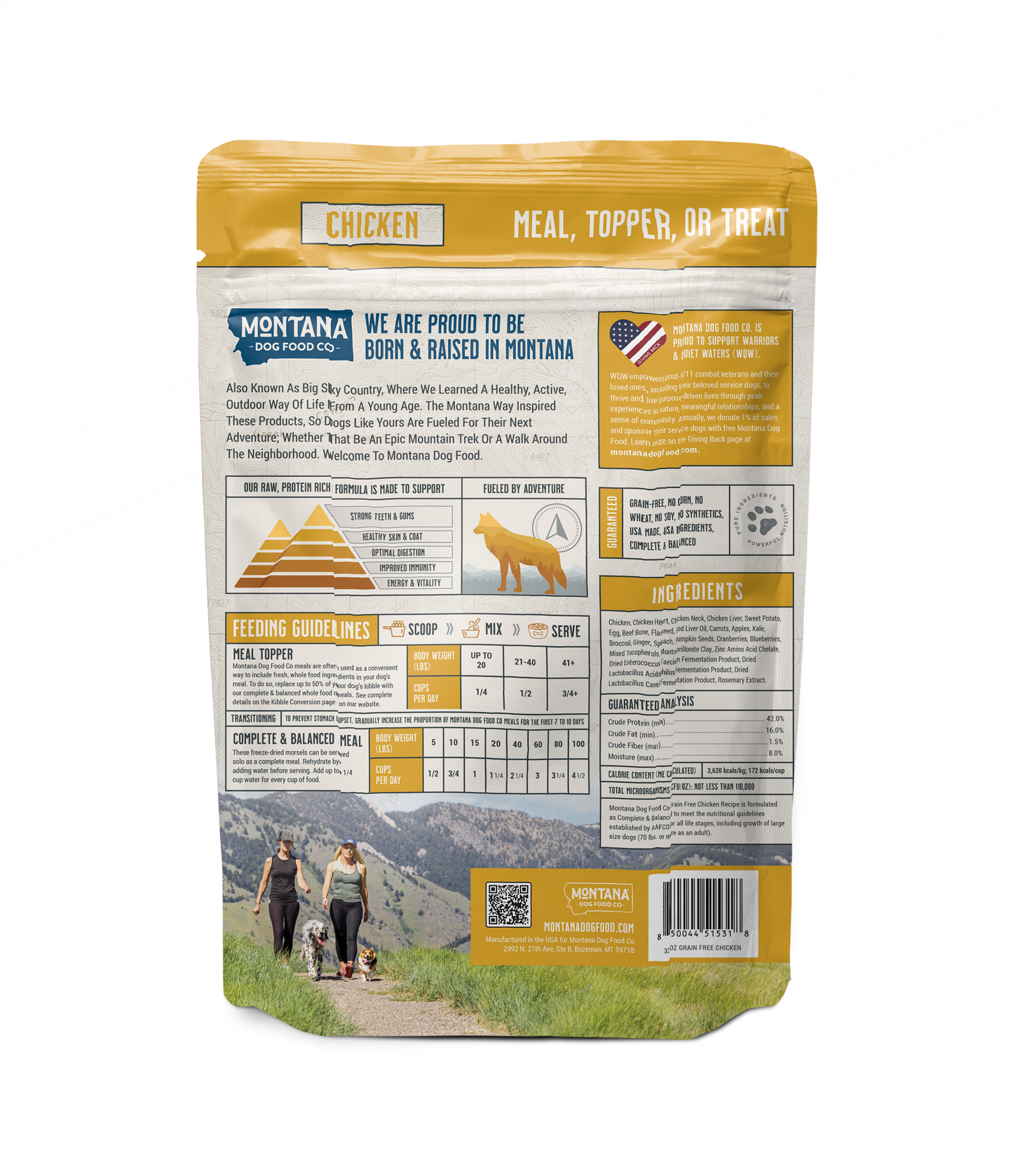 Back of grain-free chicken dog food showing free-range chicken freeze-dried ingredients
