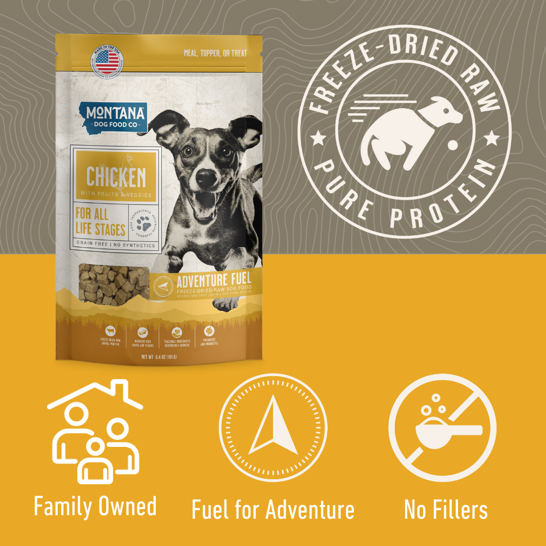 Free-range chicken recipe highlights for Montana Dog Food Co freeze-dried raw dog food