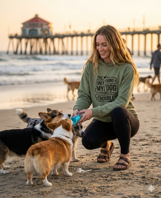 Unisex dog print hoodie by Paws & Pockets featuring playful dog and corgi designs, suitable for casual wear and outdoor activities.