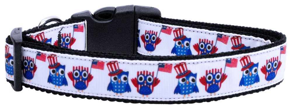 American Owls dog collar close-up – sewn ribbon owl design detail