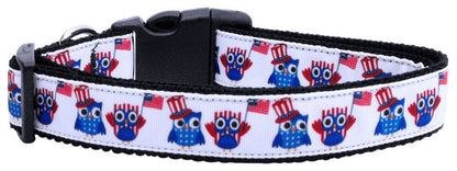 American Owls dog collar close-up – sewn ribbon owl design detail