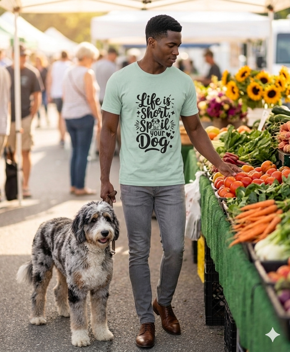 A photorealistic medium full-body shot of a tall, athletic man with short black hair browsing a sunny outdoor farmers market. He is wearing a mint green t-shirt with a "Life is Short, Spoil Your Dog" graphic, gray skinny jeans, and brown leather dress shoes. On his left, he holds a leash for a large, fluffy Merle Bernedoodle with a gray, black, and white coat. The background features white canopy tents, blurred shoppers, and vibrant displays of sunflowers, tomatoes, and carrots.