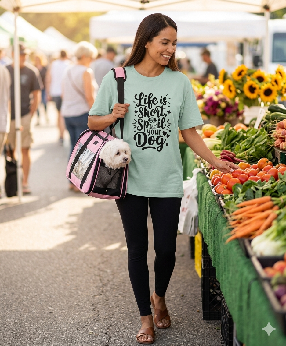 A woman wearing a 'Life is Short, Spoil Your Dog' mint green t-shirt browses a vibrant farmers market while carrying a white Maltese dog in a pink and black travel carrier.