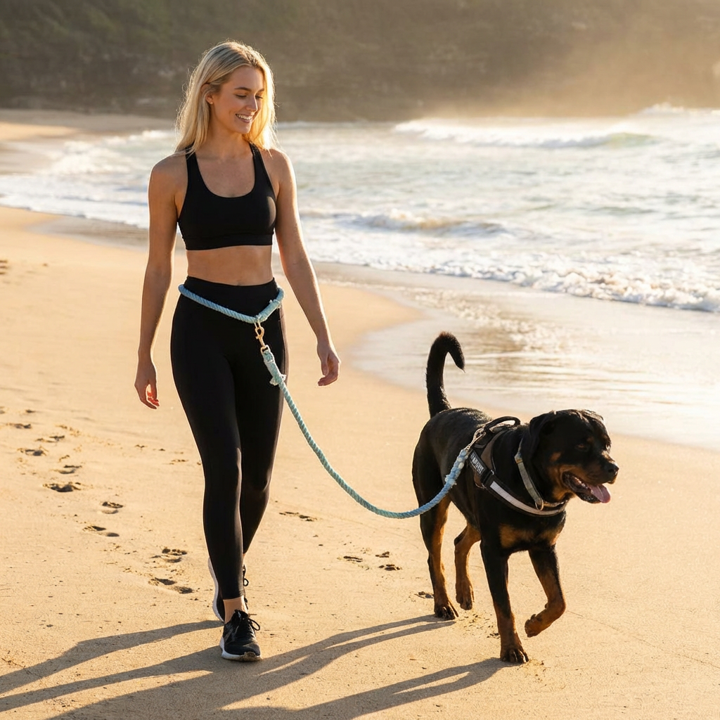 Woman walking her dog on the beach using the ocean wave hands free dog rope leash