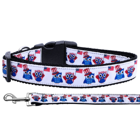 American Owls patriotic owl nylon dog collar – whimsical owl ribbon design, handmade in USA