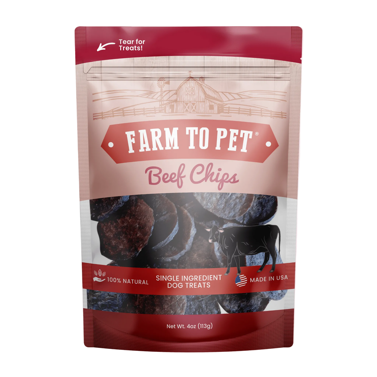 Beef chips for dogs 4oz single-ingredient healthy beef dog treats front bag