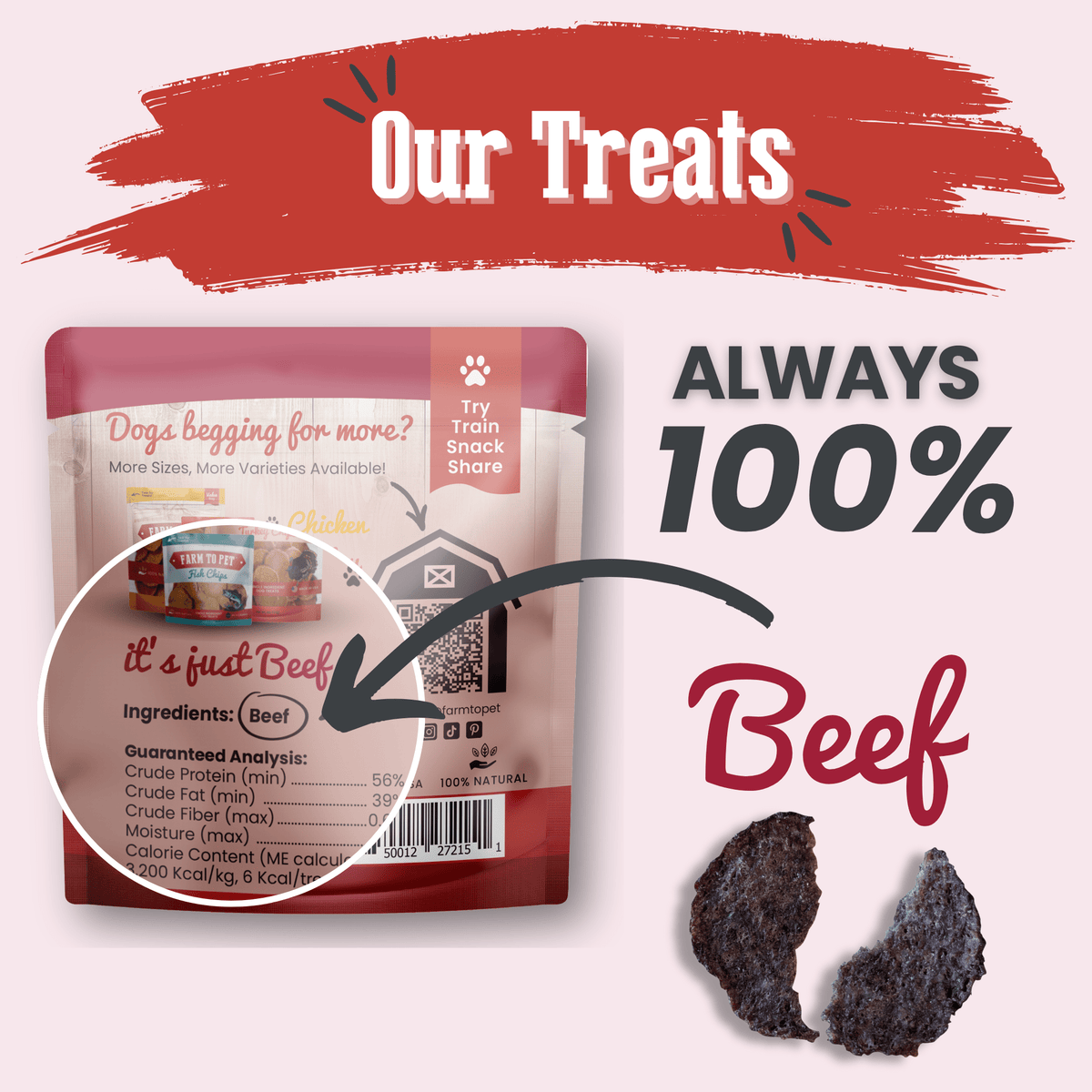 Back label of beef chips snack pack for dogs single-ingredient beef guaranteed analysis
