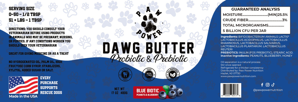 Dawg Butter Blue Biotic label showing xylitol-free probiotic peanut butter for dog gut health