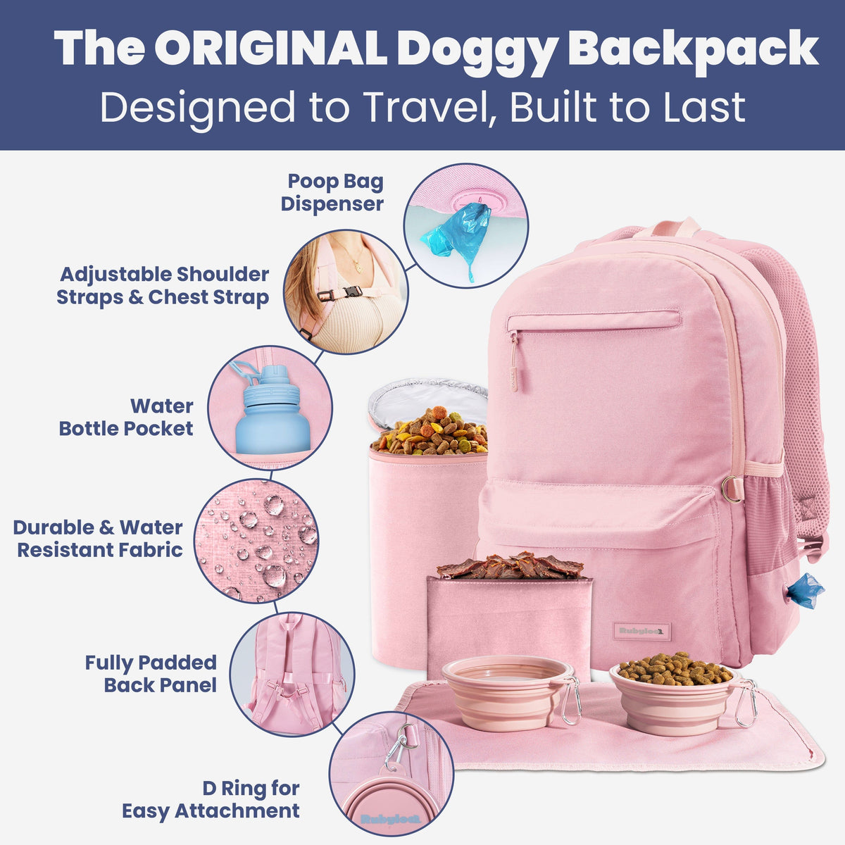 Doggy Bag Backpack features – 10 pockets, 6-piece kit, collapsible bowls, TSA approved