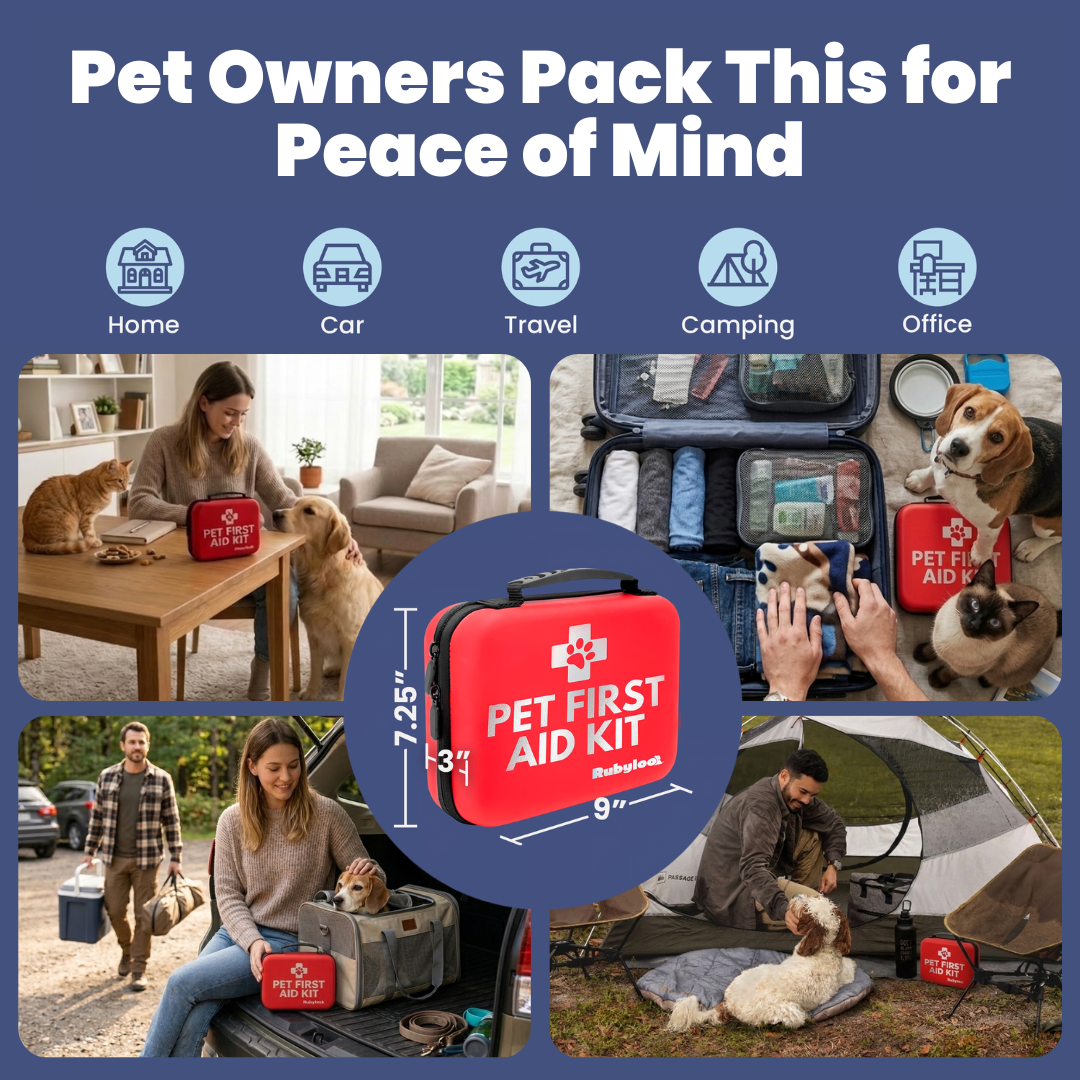 Rubyloo pet first aid kit – emergencies can happen graphic, be prepared for dogs and cats