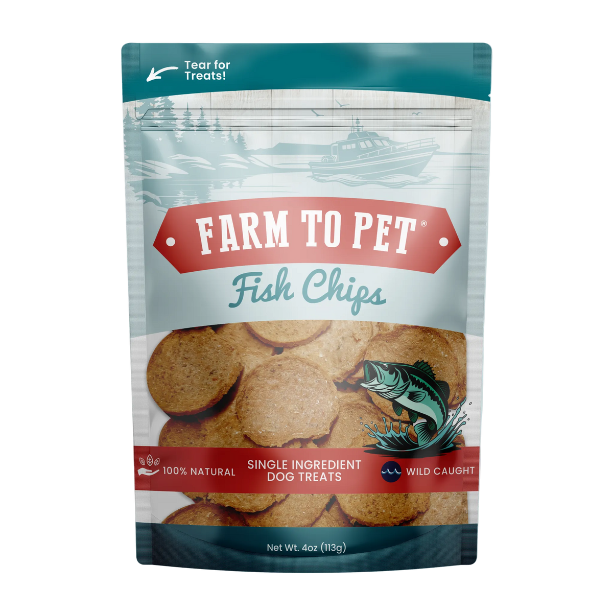 A 4 oz stand-up pouch of Farm to Pet Fish Chips single-ingredient dog treats, featuring a teal and red design with a clear window showing the round fish chips inside.