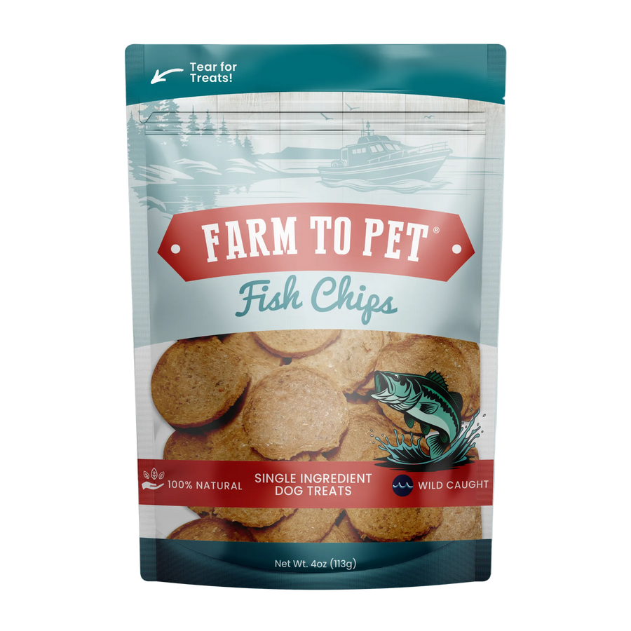 A 4 oz stand-up pouch of Farm to Pet Fish Chips single-ingredient dog treats, featuring a teal and red design with a clear window showing the round fish chips inside.