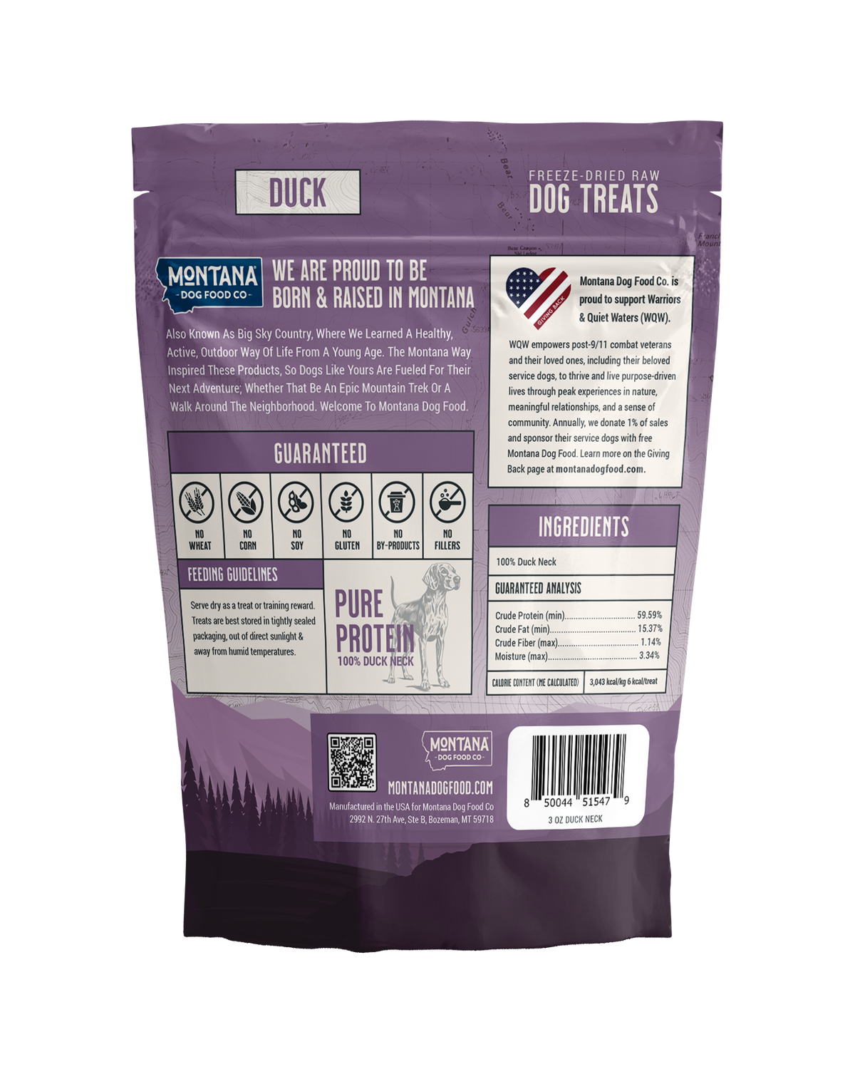 Back label of freeze-dried duck dog treats showing single-ingredient raw formula